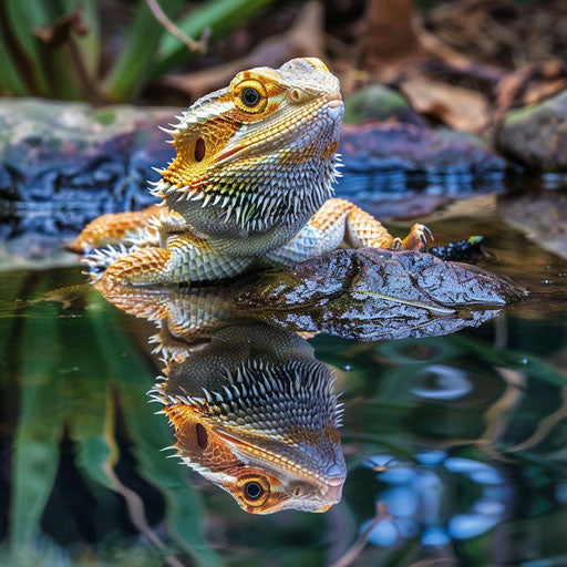 Reflection of a bearded dragon in a peaceful pond