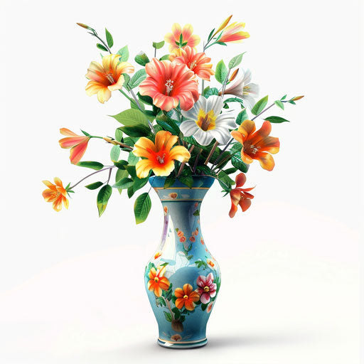 Realistic flower vase clipart on white background, vibrant hues