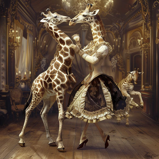 Giraffes gracefully dancing at a ball, in period attire.
