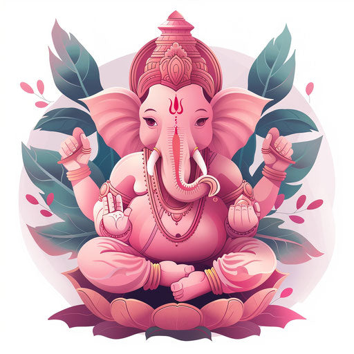 Ganesh ji clipart in photo realistic style with a flat random background, minimalist design and subtle shading
