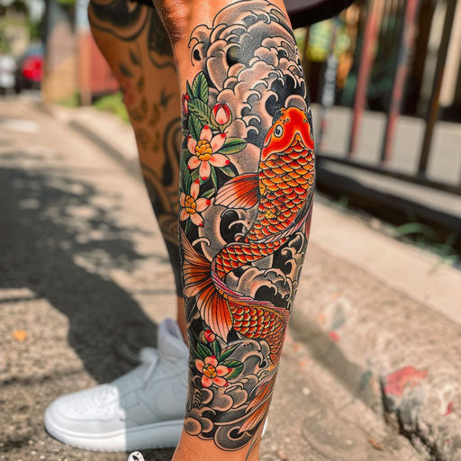 Traditional Japanese leg tattoo with koi fish and cherry blossoms