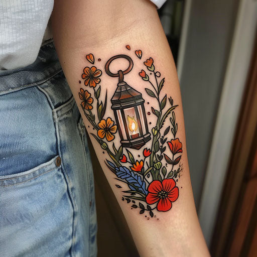 Wildflower tattoo with lantern, glowing effect, warm colors, vintage style