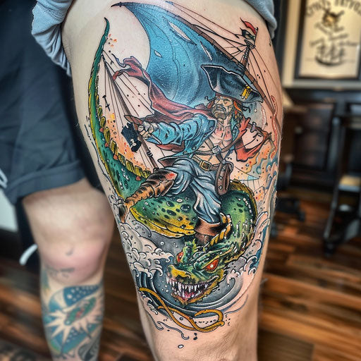 Dynamic tattoo of a pirate battling a sea monster