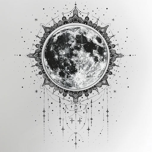 Mandala-inspired tattoo design with a central moon and starry mandala patterns, on white background