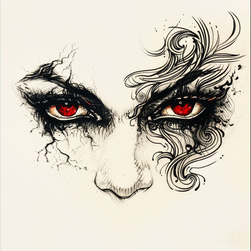 Flat tattoo sketch of a vampire's eyes with hypnotic, swirling patterns