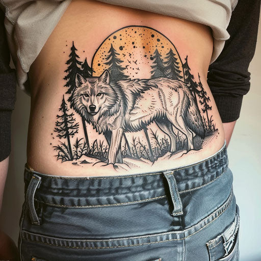 Wolf lower back tattoo, David Palumbo style