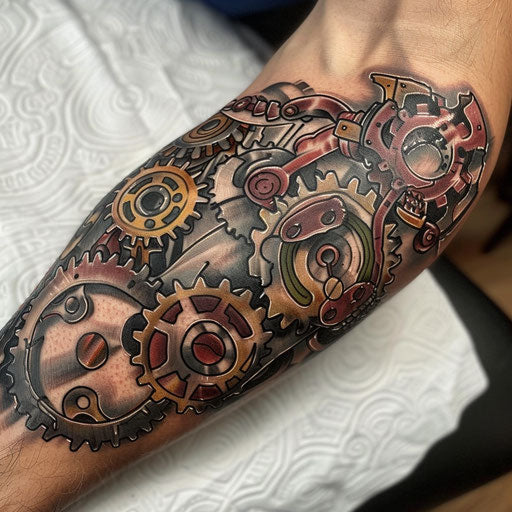 Mechanical gears patchwork tattoo in the style of Guy Aitchison