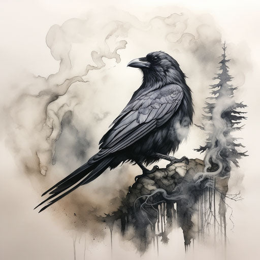 Crow on smoke edge, tattoo style, grisaille, taxidermy