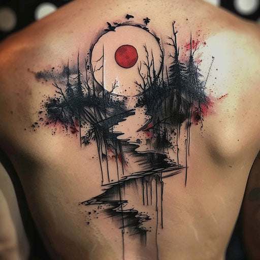 Elegant flat tattoo sketch with watercolor effects of a serene river in hell under a crimson sky