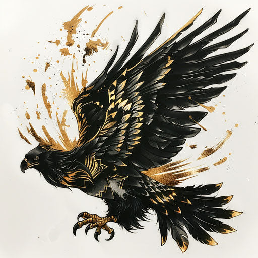 Roman eagle tattoo design in black and gold on white