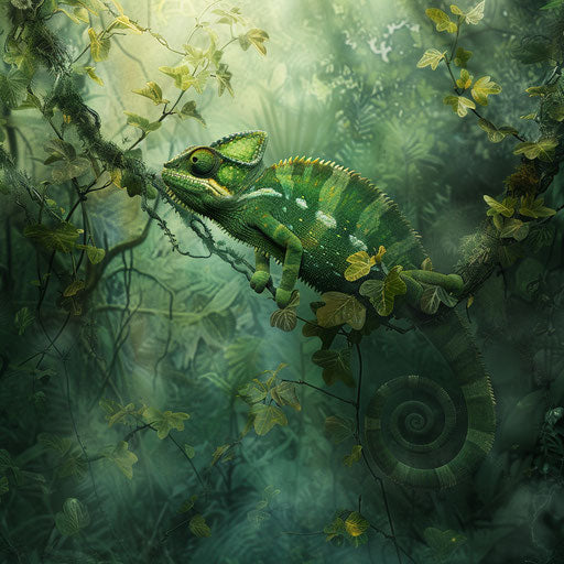 Chameleon climbing among vine tendrils in misty rainforest