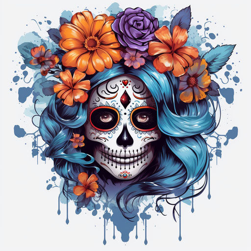 Female face with skull, frenetic line work chicano art