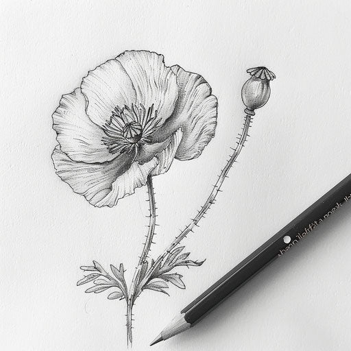 Detailed drawing of small poppy flower tattoo on bright white background