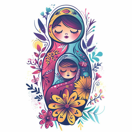 Modern clipart style flat tattoo sketch featuring Russian doll in pastel shades