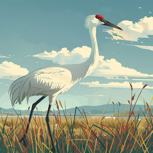 Whooping crane foraging in natural habitat with tall grasses