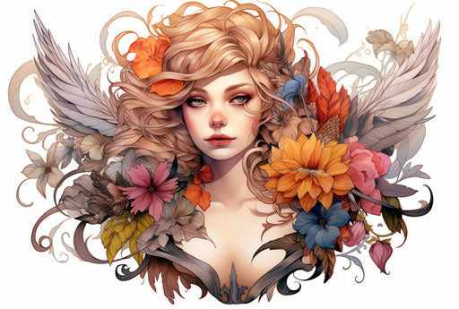 Tattoo art and floral style, hand drawn feathers and flowers