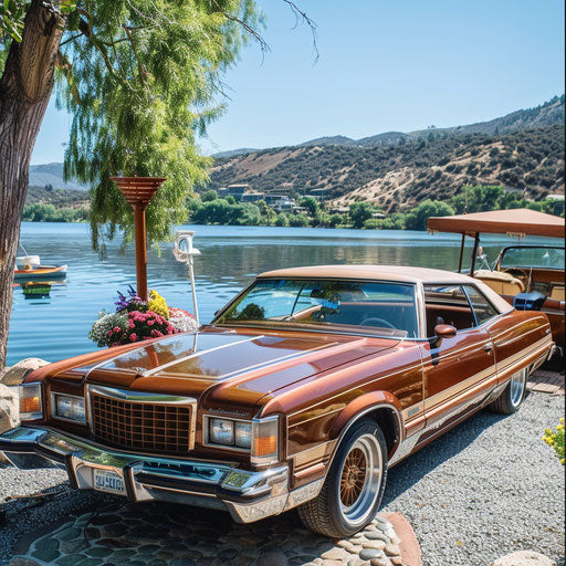 Nautical-themed 1976 Malibu Classic with wood paneling by lakeside