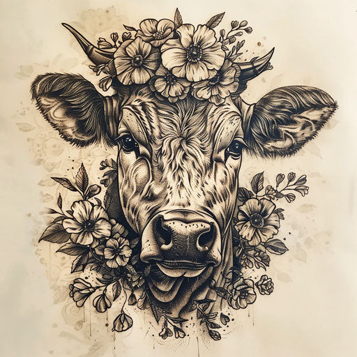 Vintage etching style cow tattoo on white background