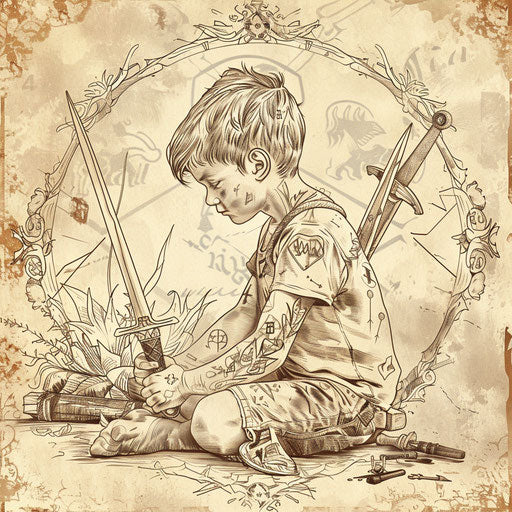 Young Baldur playing with wooden swords in vintage style