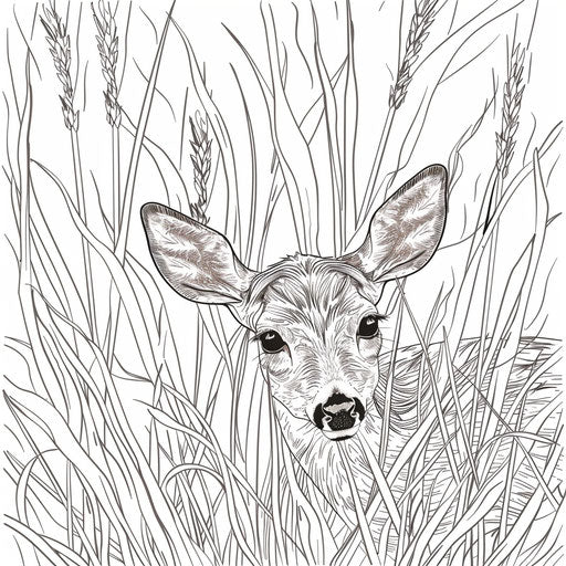 A deer in tall grass in a meadow. Coloring book page