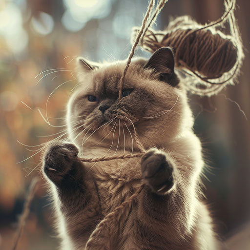 Brown cat playing with yarn