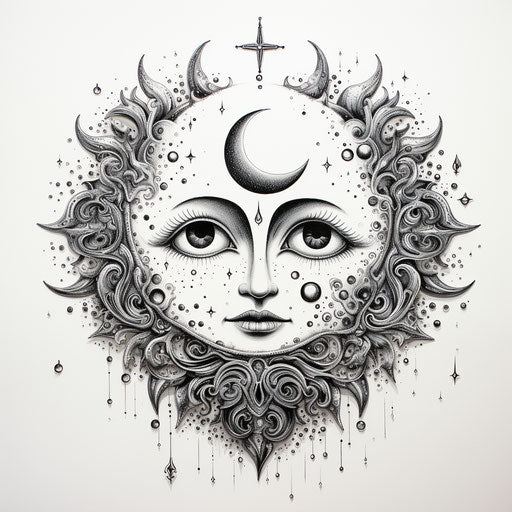 Black and white drawing of occult halo moon in Indian style