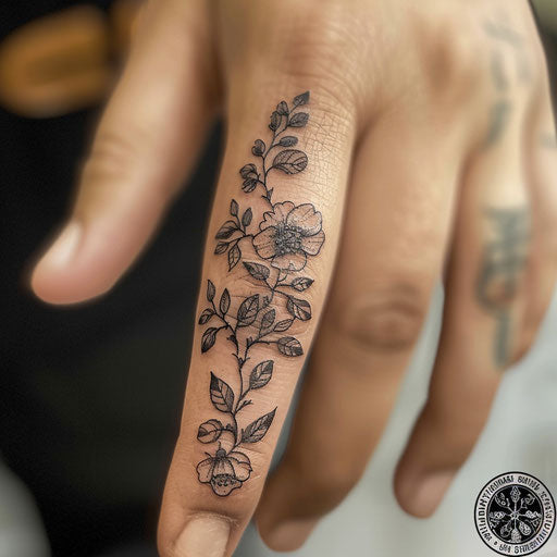 Finger tattoo with delicate floral designs