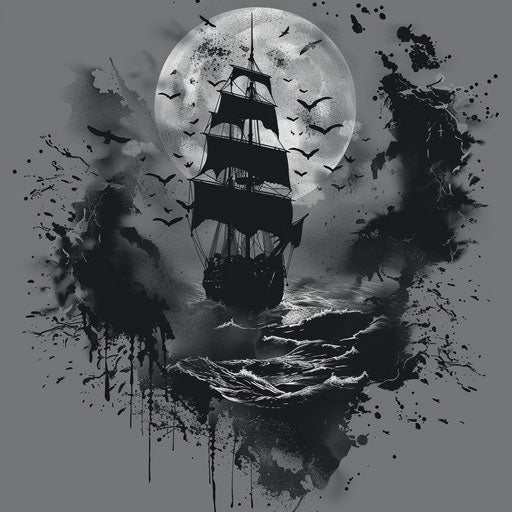 Gothic tattoo sketch of a dark ocean with ghost ship silhouette, in black and gray, clipart style