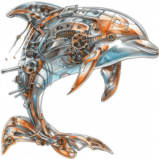 Steampunk dolphin tattoo with mechanical elements and copper tones
