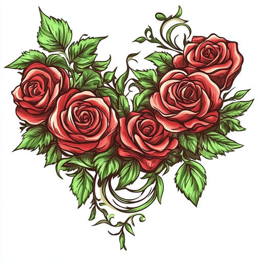 Heart-shaped arrangement of red roses on white background