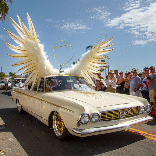 1966 Volvo P1800 with angel wings and halo, modified for a fantasy parade