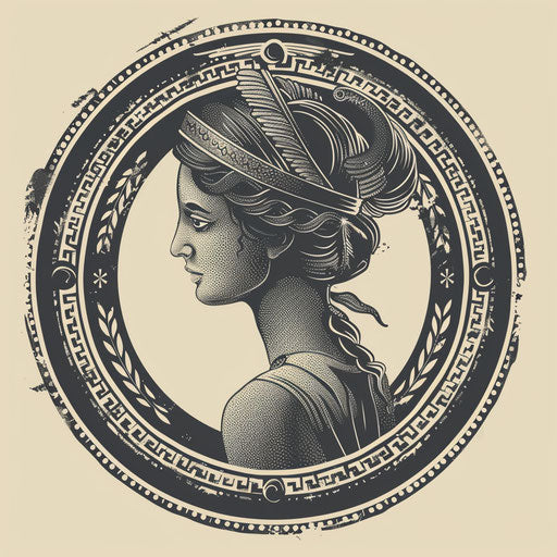 Cultural flat tattoo sketch of Artemis with ancient Greek patterns and meanders