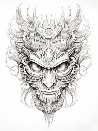 Japanese mask with ornament, black and white illustration