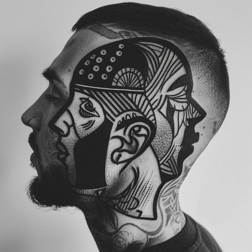 Bold outlined head tattoos, in the style of Ed Hardy