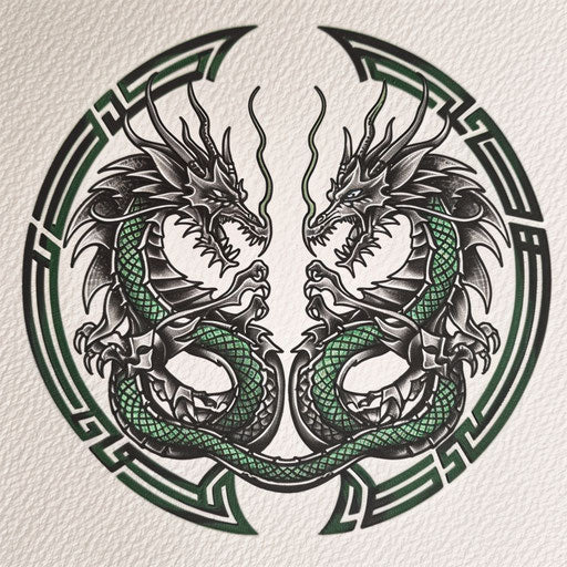 Celtic knotwork tattoo design with black and green dragons on white
