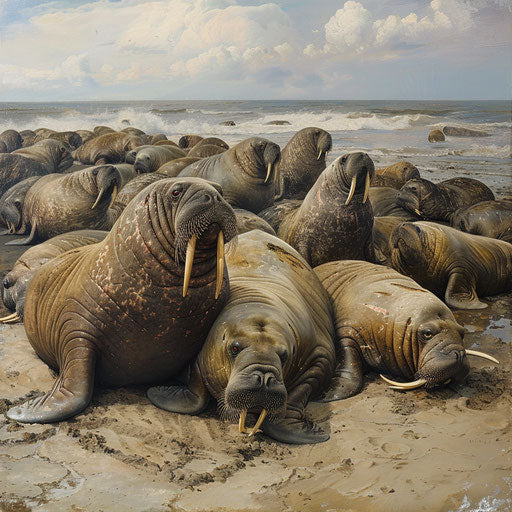 Gentle social gathering of walrus seals on a sandy beach