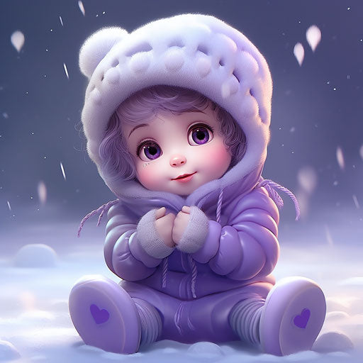 Cute purple baby with hearts in snow scene style