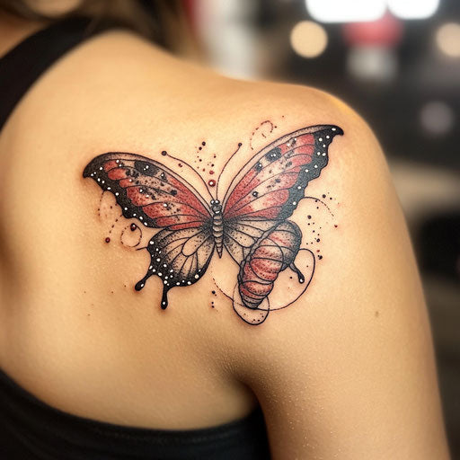 Daughter tattooed butterfly emerges from cocoon Ed Hardy style shoulder