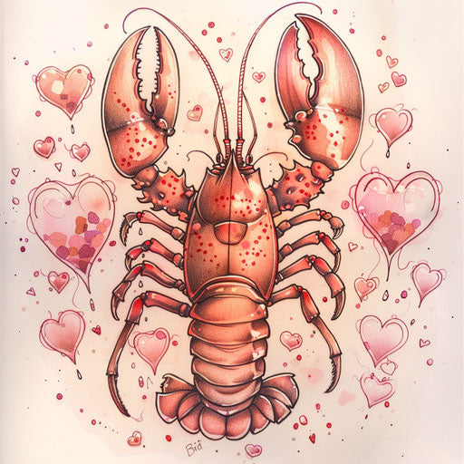 Romantic sketch of a lobster surrounded by heart bubbles