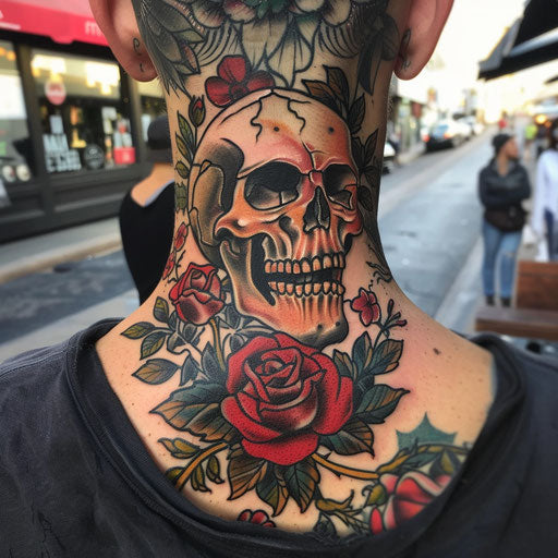Classic skull and roses neck tattoo in Ed Hardy style