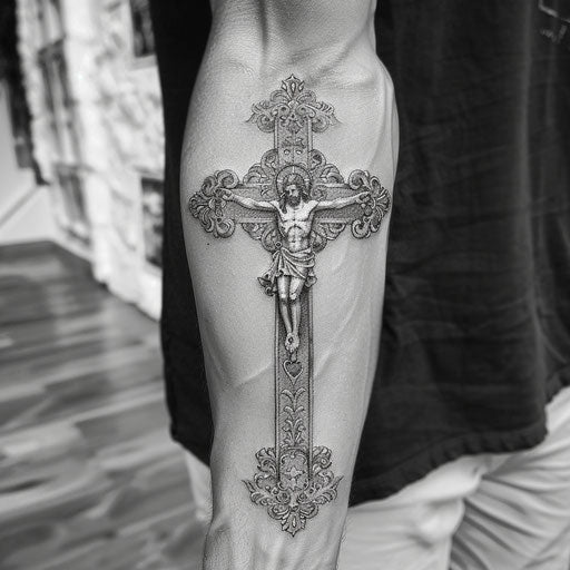 Realistic cross tattoo with religious icons for men