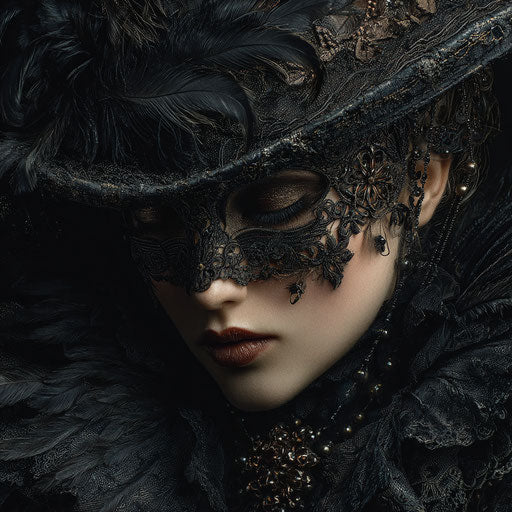 Close-up of a woman in intricate dark attire and mask