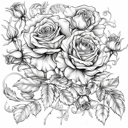 Bouquet of roses with swirling vines and leaves