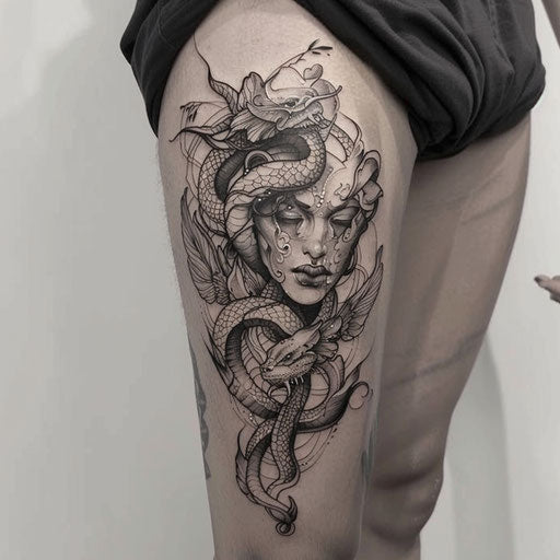 Men's thigh tattoos: surreal dreamscapes and fantastical beings