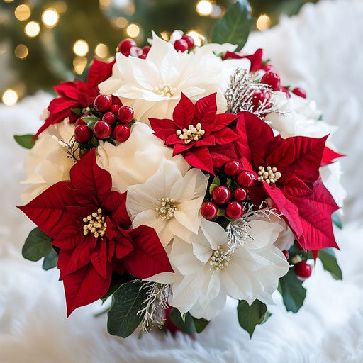 Poinsettia theme bridal bouquet for a Christmas wedding