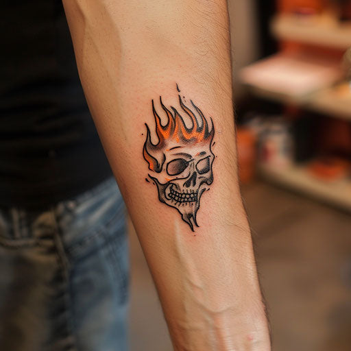 Small tattoo of a flaming skull, in the style of Ed Hardy