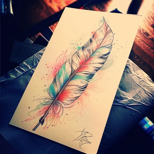 Sketch of a Native American feather tattoo design with intricate patterns and soft pastel colors on a white canvas