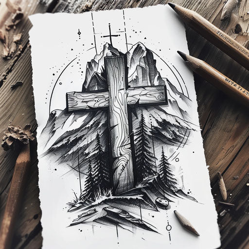 Rustic flat tattoo sketch of a wooden Cruz against a rugged mountain scene