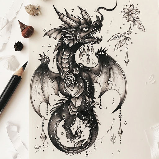 Whimsical flat tattoo sketch of a black dragon with magical accessories