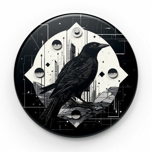 Black and white button with illustration of raven in the sky